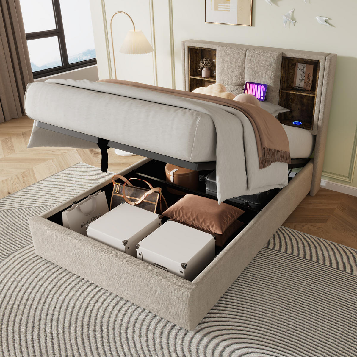 POLSTERBETT 90/200 cm Natürlich aus Leinen mit Stauraum - Naturfarben, Textil (90/200cm) - OKMYHOME