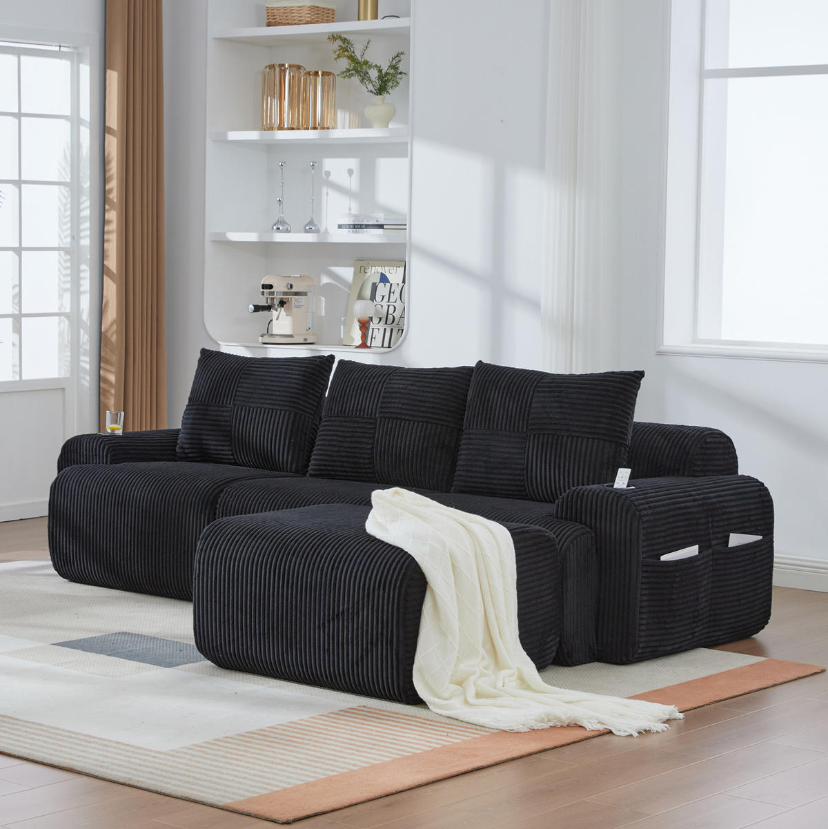 MODULARES 3-Sitzer Sofa Cordstoff mit Getränkehalter und Seitentasche 268/174/80 cm Schwarz - Schwarz, Textil (174/268cm) - Redom