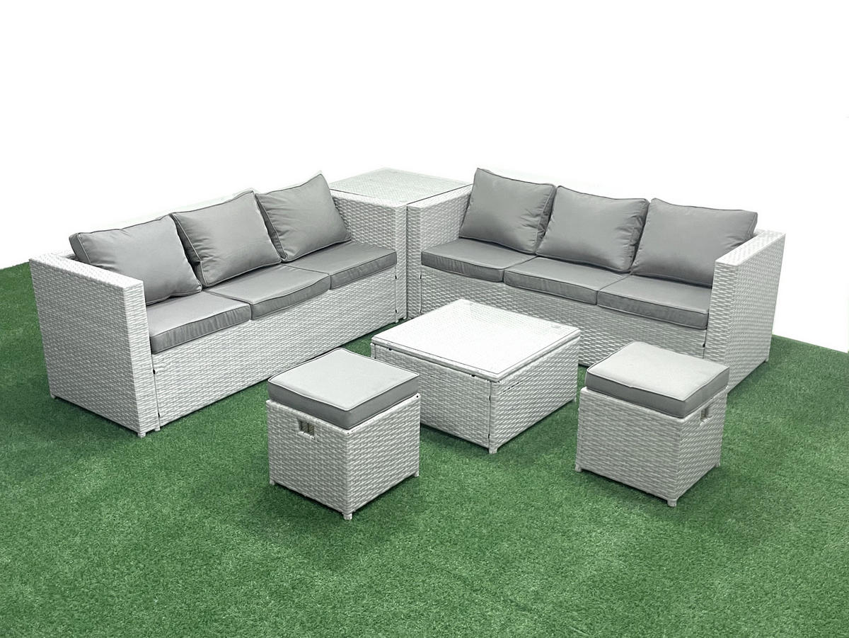 GARTENMÖBEL-SET mit Kissen Polyrattan Hellgrau-Mix 8-Sitzer - Hellgrau/Grau, Glas/Kunststoff - Fimous