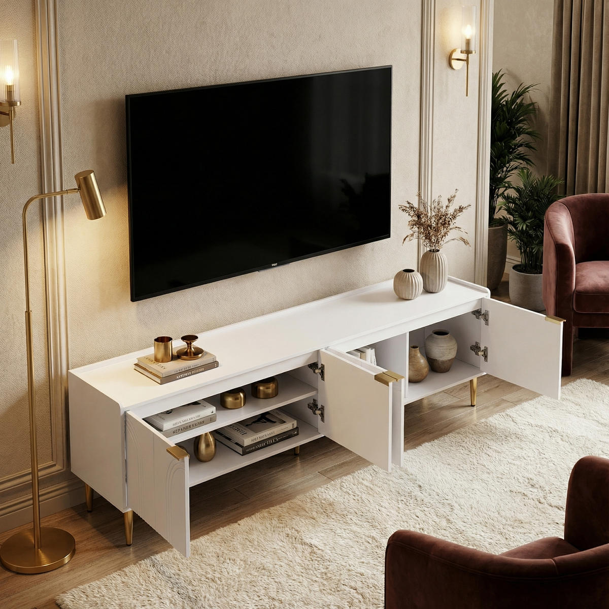 TV-LOWBOARD 170 cm in Weiß & Gold Design - Weiß Hochglanz, Holzwerkstoff (170/47.5/35cm) - Urban Meuble