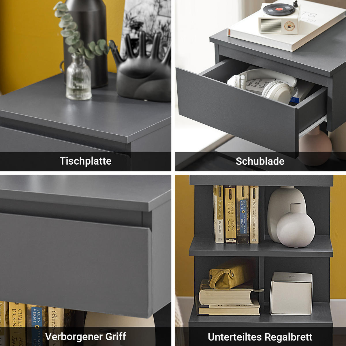 NACHTTISCH 2er Set, Beistelltisch Grau 39x39x65 cm - Grau, Holzwerkstoff (39/65/39cm) - SoBuy