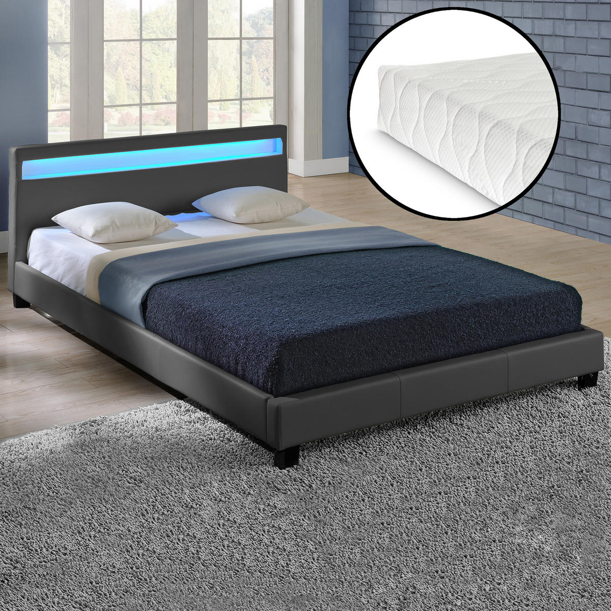 POLSTERBETT Paris mit Matratze und LED-Beleuchtung - Dunkelgrau, Textil (140/200cm) - Corium