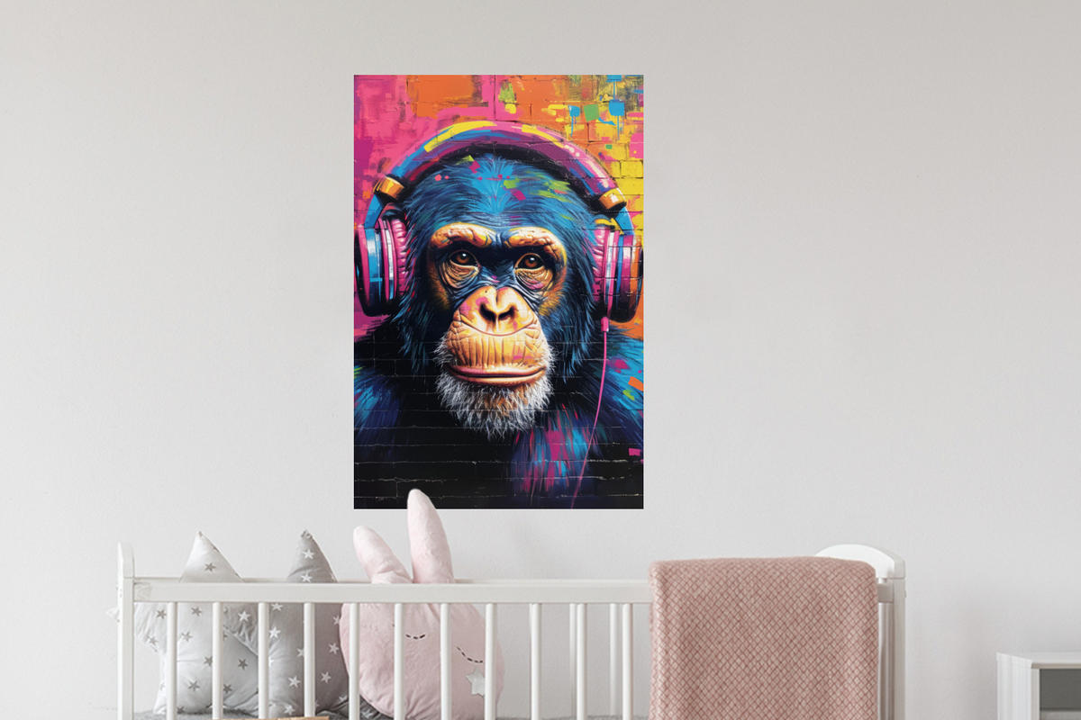 WANDTATTOO Graffiti - Schimpanse - Straßenkunst - Kopfhörer - Affe 40x60 cm - Blau, Kunststoff (40/60/0.1cm) - MuchoWow