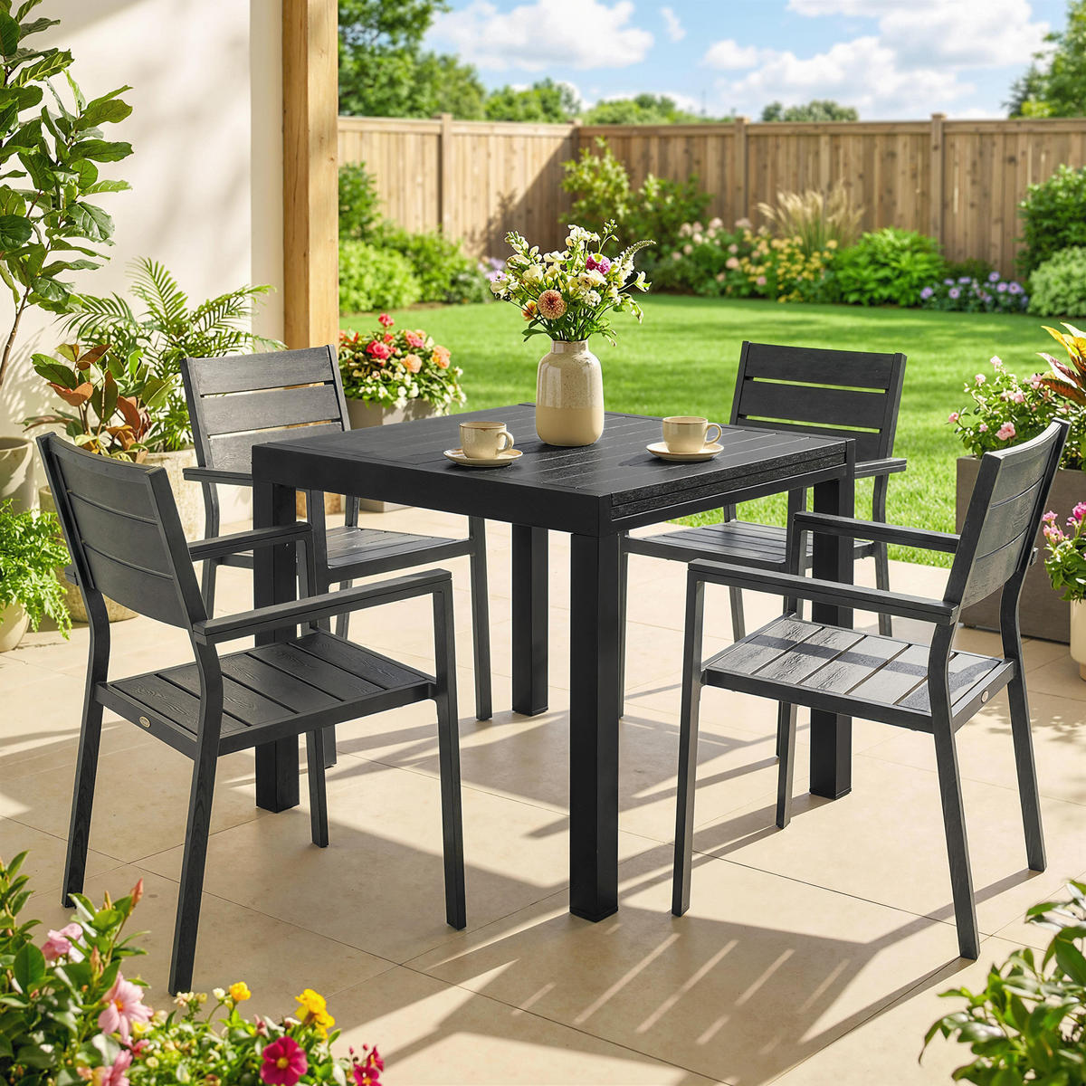 GARTENTISCH DE-14182 80-160 cm, Holzoptik Schwarz - Schwarz, Metall (160/80/75cm) - ComfortXL