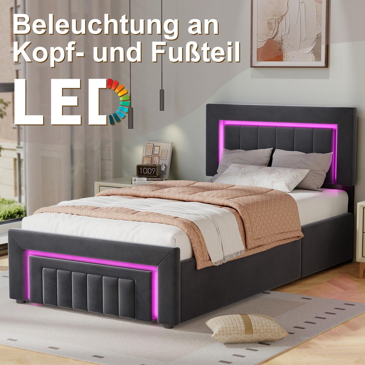 POLSTERBETT aus Samt 90x200 cm Grau mit LED-Beleuchtung und hydraulischem Stauraum - Grau, Textil (90/200cm) - Modfu