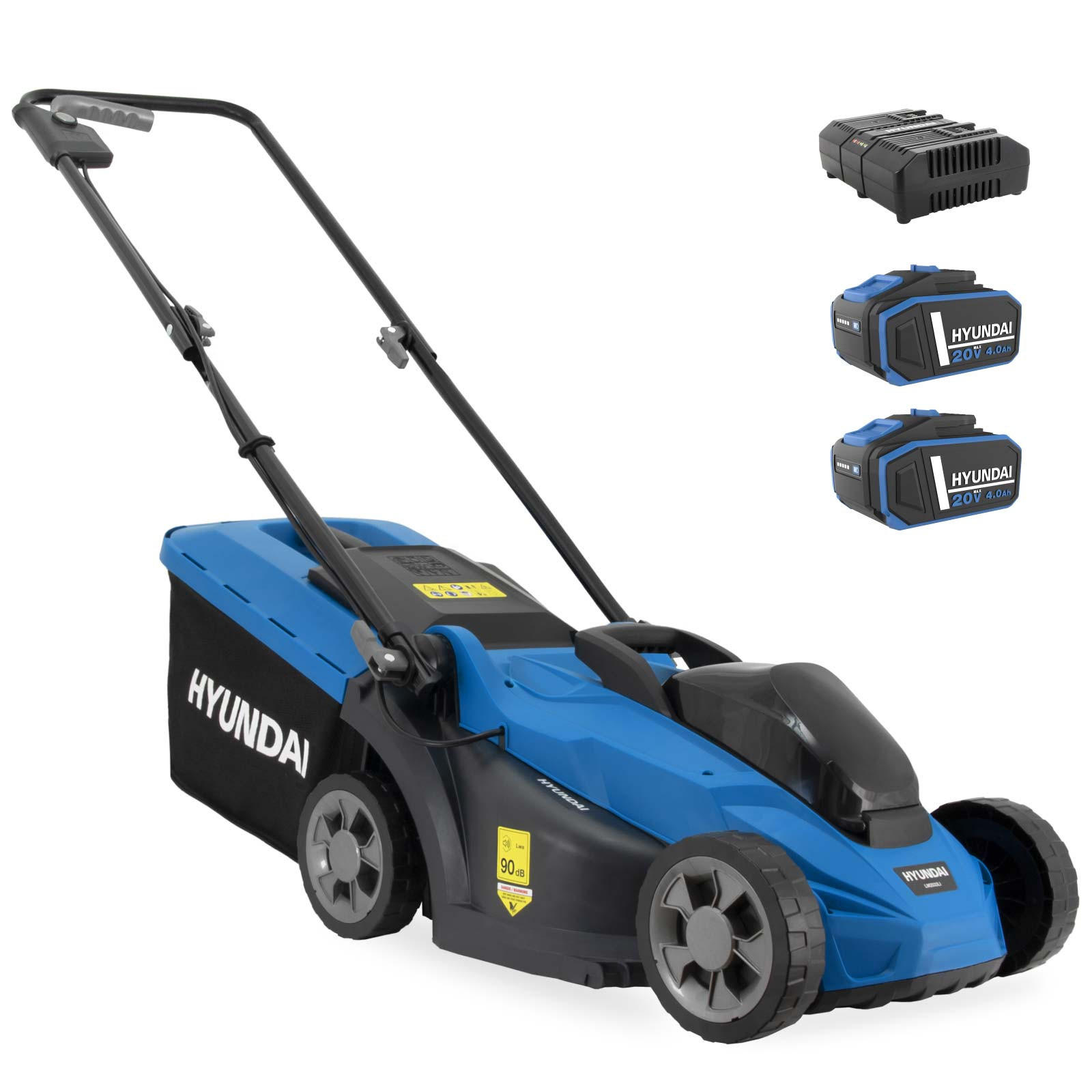AKKU-RASENMÄHER 20V Brushless – 33 cm, 2 x 4.0 Ah Akku & Doppelladegerät – 35L Korb - Blau, Kunststoff (38.6/101/131.5cm) - HYUNDAI