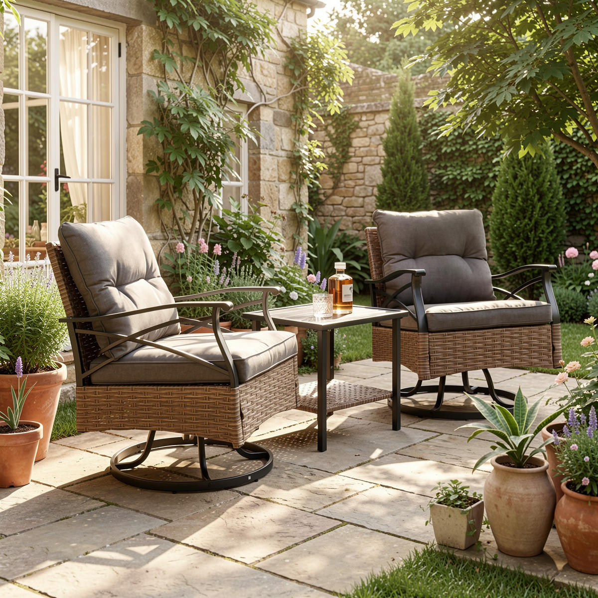 GARTENSTUHL SET 3-tlg Polyrattan Braun/Grau 2 Dreh-Schaukelstühle mit Beistelltisch - Graubraun, Metall - Urban Meuble