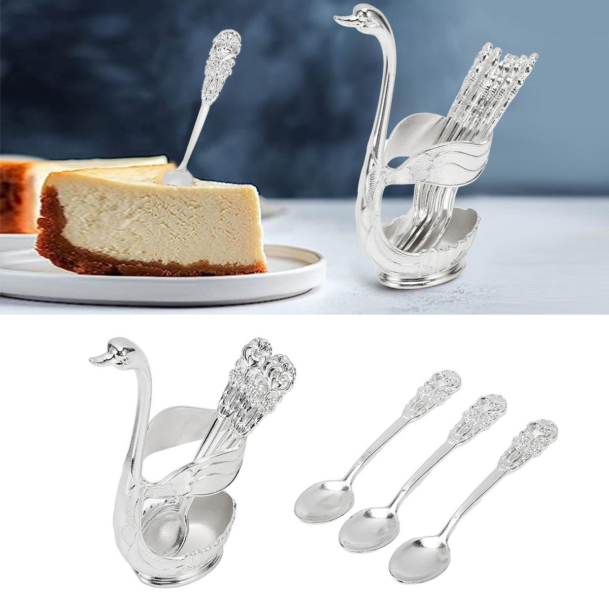 BESTECK-SET 7-teiliges Schwanenhalter-Löffel-Set–6 Dessertlöffel - Silberfarben, Metall