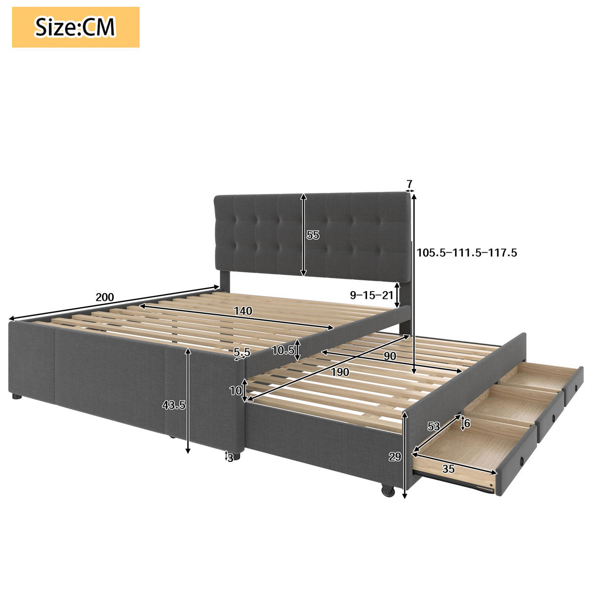 POLSTERBETT 140/200 cm grau mit ausziehbarem Bett und höhenverstellbarem Kopfteil Ohne Matratze - Grau, Textil (140/200cm) - OKWISH