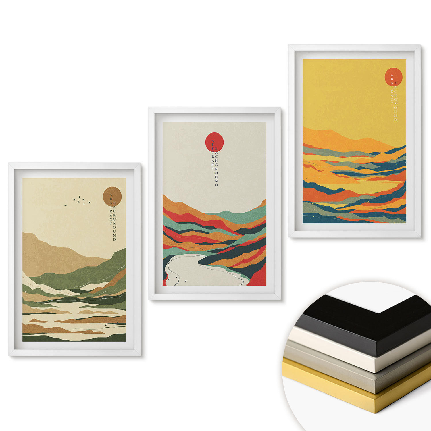 WANDBILDER 3er-Set - 40x60 cm Weißer Rahmen - Farbenfrohe Muster der Japandi-Flussberge - Weiß, Kunststoff (40/60cm) - ArtPrintCave