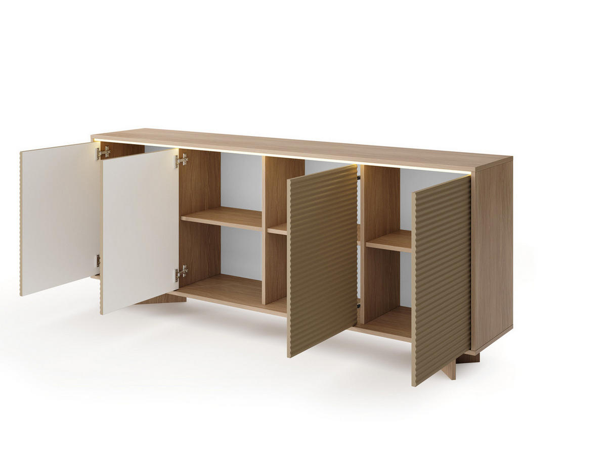 SIDEBOARD TORSANO (Bolivar Natur/Cappuccino, 4 Türen, LED-Beleuchtung, Push-to-Open) - Eichefarben/Beige, Holz/Holzwerkstoff (204/84/40cm) - Ravio