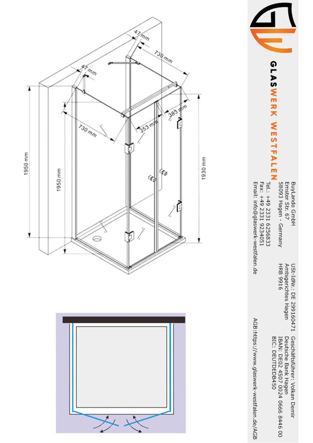 DUSCHKABINE Emma 80x80x80 x195 cm U-Form Schwarz - Schwarz, Glas (80/80/195cm) -  Glaswerk Westfalen