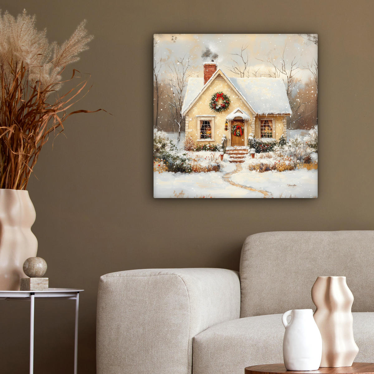 LEINWANDBILD Weihnachten - Zuhause - Winter - Schnee 50x50 cm - Creme, Textil (50/50cm) - MuchoWow