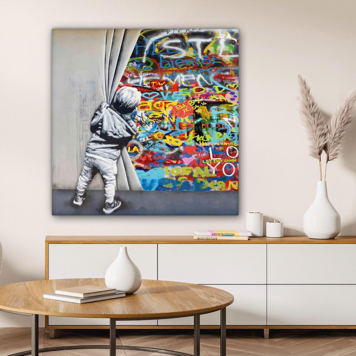 LEINWANDBILD Graffiti - Junge - Ilussie - Straßenkunst Deko Groß 90x90 cm - Hellgrau, Textil (90/90cm) - MuchoWow