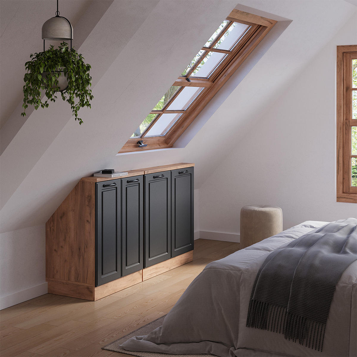 DACHSCHRÄGENSCHRANK-SET Rion Anthrazit Landhaus/Goldkraft Eiche 2er Set - Honigeiche/Anthrazit, Holzwerkstoff (140/81.6/46cm) - Vicco