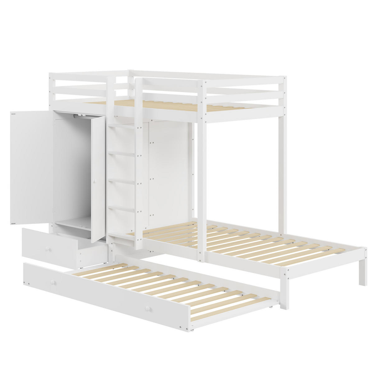 ETAGENBETT 90/200 cm aus Massivholz mit Ausziehbett und Kleiderschrank - Weiß, Holz (90/200cm) - OKWISH