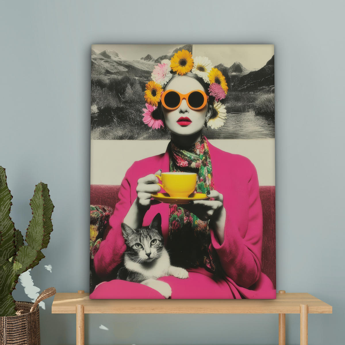 LEINWANDBILD Frau - Katze - Blumen - Tasse - Retro Wandbild Wohnzimmer 60x80 cm - Magenta, Textil (60/80cm) - MuchoWow