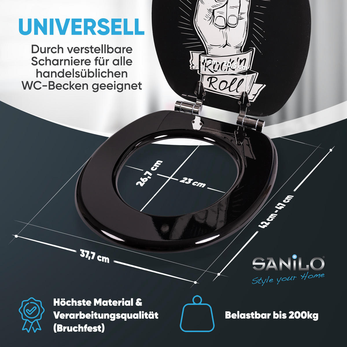 WC-SITZ Absenkautomatik Rock 'n' Roll - Schwarz, Holzwerkstoff (38/6/47cm) - Sanilo