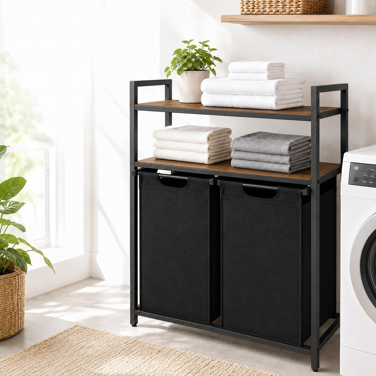COȘ DE RUFE Negru 2 compartimente - negru, material textil/compozit lemnos (73/93/33cm) - Relaxdays