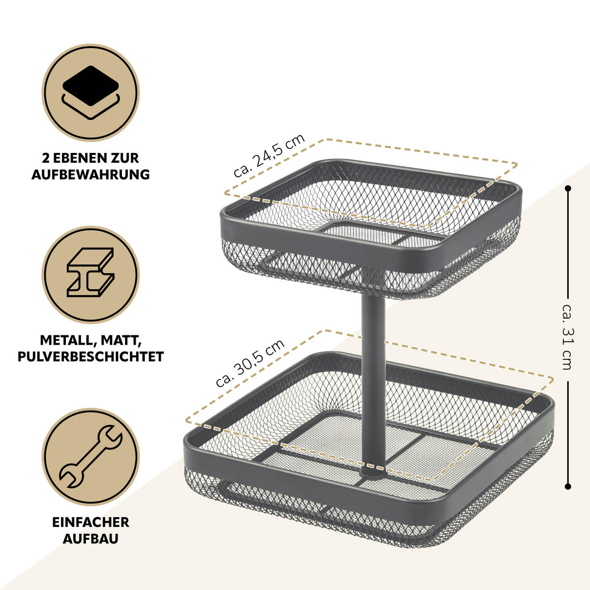 OBSTETAGERE eckig, 2-stöckig, 20 x 20 cm und 30 x 30 cm, grau, Metall - Grau, Metall (31cm) - eluno