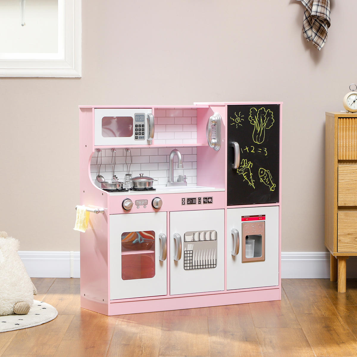 KINDERKÜCHE Spielküche mit Spielzeug Telefon, Kreidetafel, Mikrowelle, Herd Rosa - Hellrosa, Holzwerkstoff (83.8/26.8/81cm) - AIYAPLAY