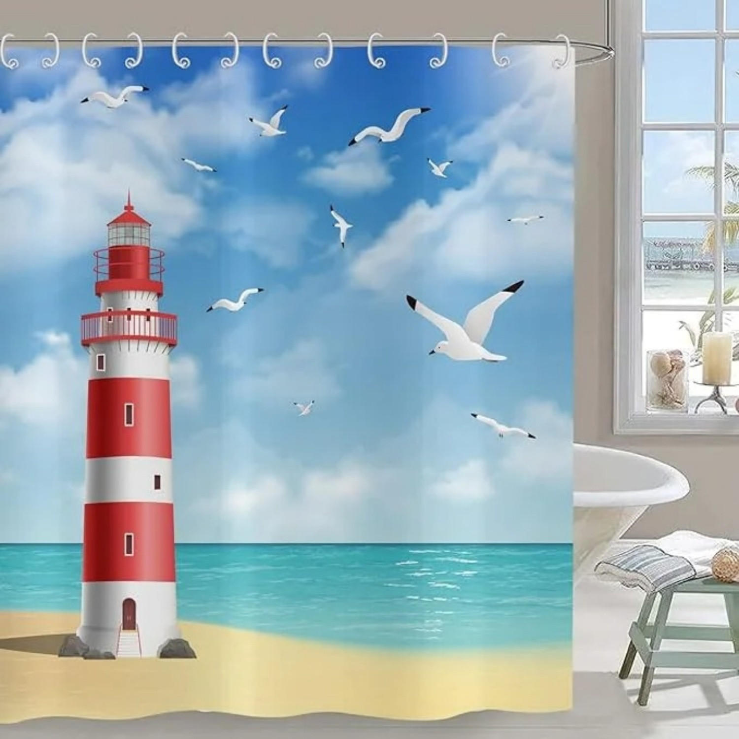 DUSCHVORHANG Blau Weiß Leuchtturm Landschaft Badewanne Badezimmer mit Haken - Blau, Textil (180/180cm) - MCBOSON