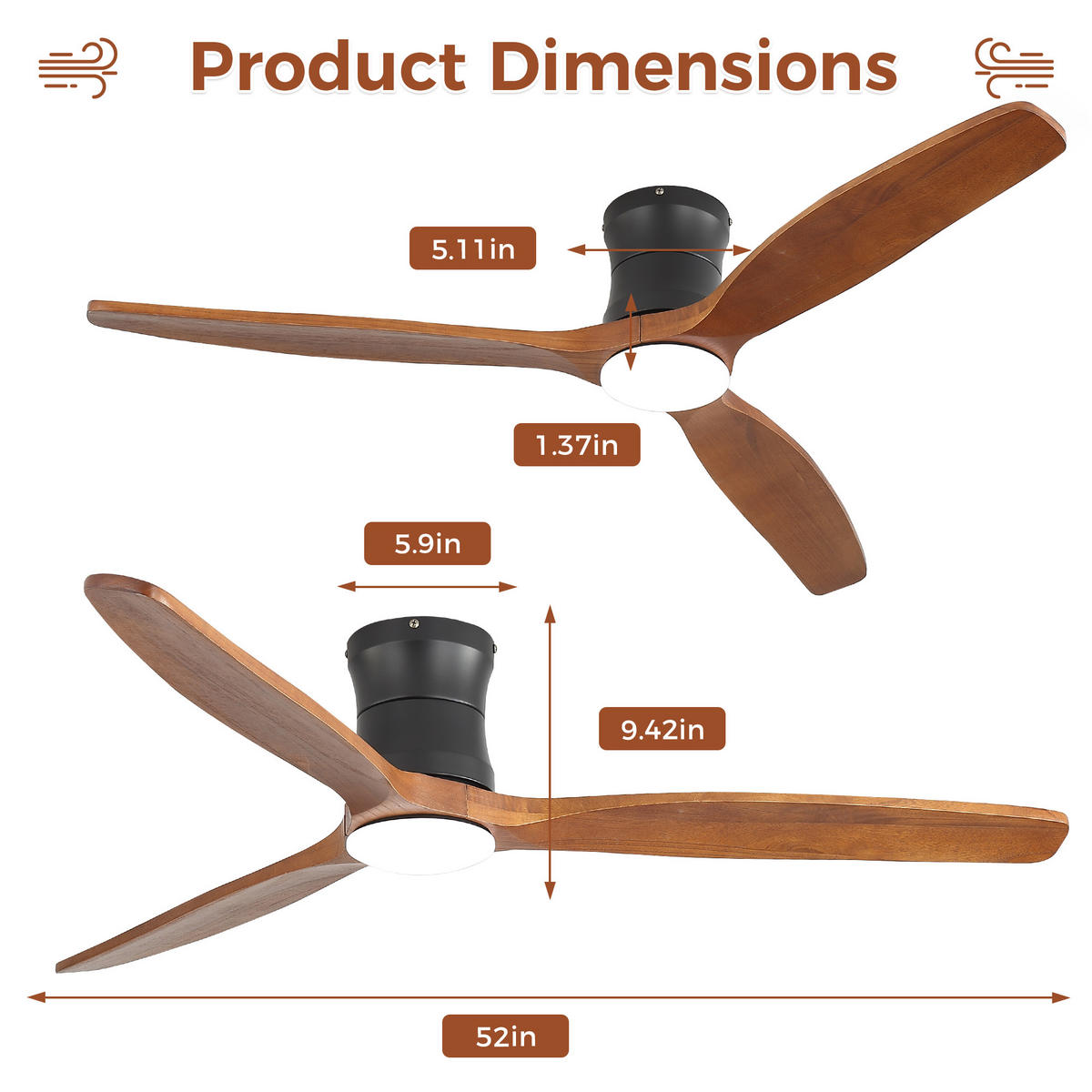DECKENVENTILATOR 52Zoll LED Licht Holzflügel DC Motor Fernbedienung - Schwarz, Kunststoff (132.08/132.08/28.5cm) - CASIVA