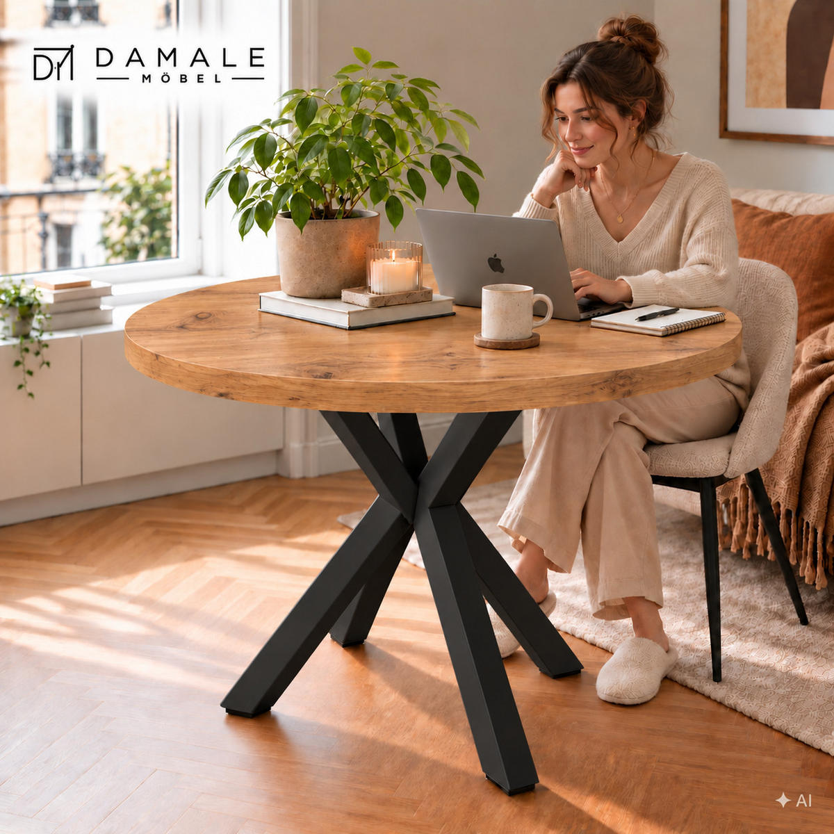 ESSTISCH rund ausziehbar 110/310/76 cm, Eiche Craft, 54 cm Tischplatte + X Metallbeine Schwarz - Eichefarben, Holzwerkstoff/Metall (110/310/76cm) - Damale Möbel