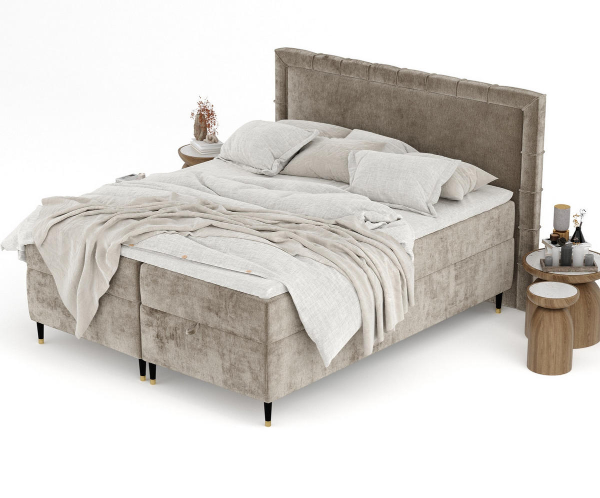 BOXBETT Monpelli Beige 180/200 cm mit Matratze und Topper - Beige/Schwarz, Holz/Holzwerkstoff (180/200cm) - Maison de Reve