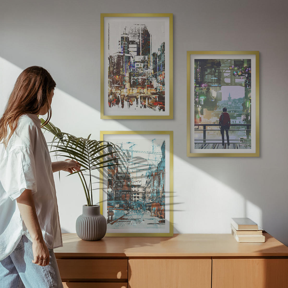 WANDBILDER 3er Set - 40x60 cm Goldrahmen - Moderne Städte, bunte Charaktere - Goldfarben, Kunststoff (40/60cm) - ArtPrintCave