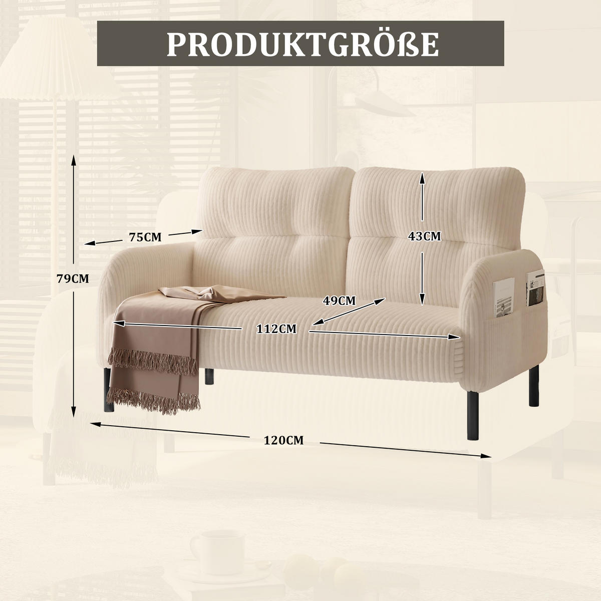 2-SITZER-SOFA Stoffcouch mit Seitentaschen,Cord,Beige - Beige, Textil (120/79/75cm) - LVHOM
