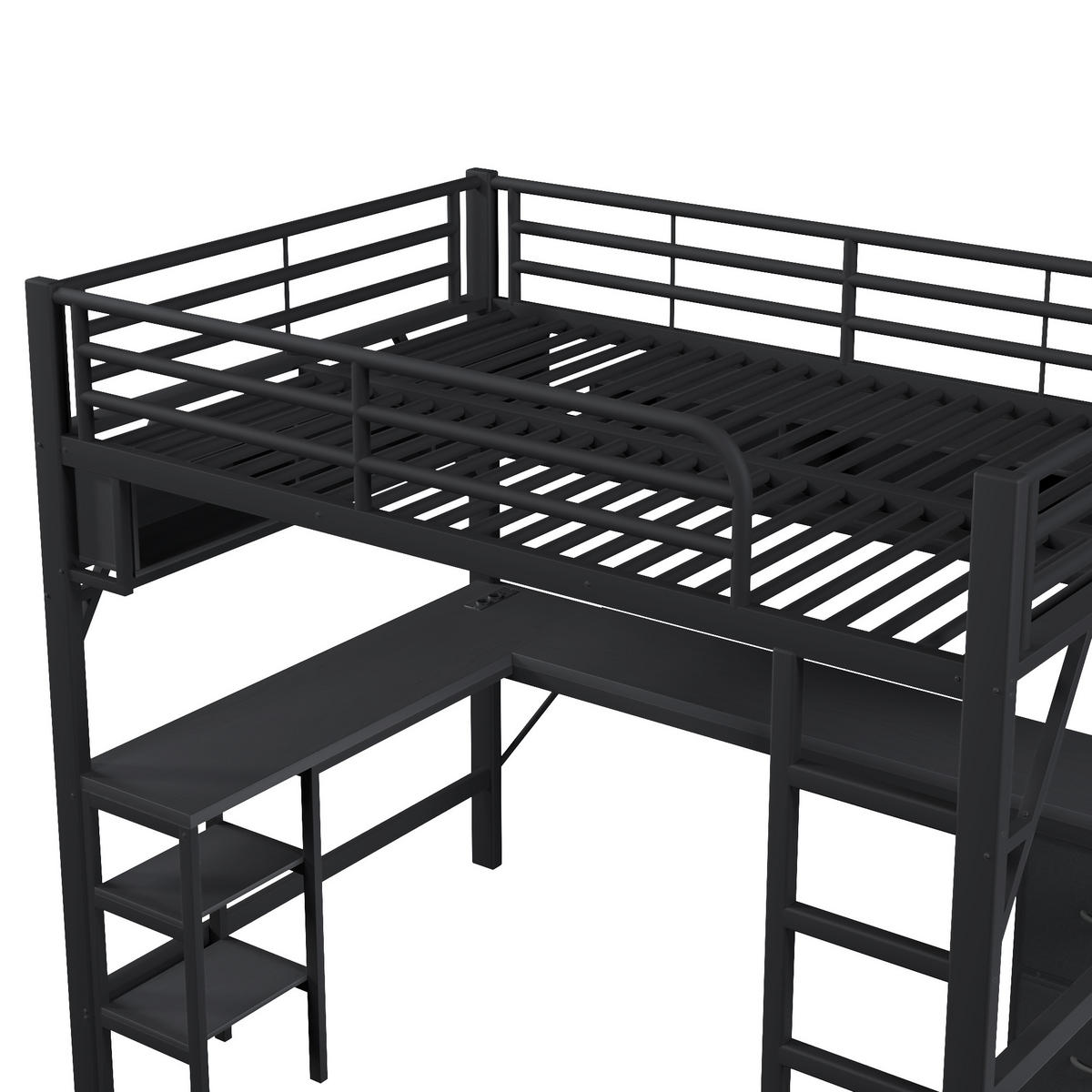HOCHBETT 140/200 cm in Schwarz mit Schreibtisch, Regal, Schubladen, LED und USB - Schwarz, Holzwerkstoff/Metall (140/200cm) - STILVORA
