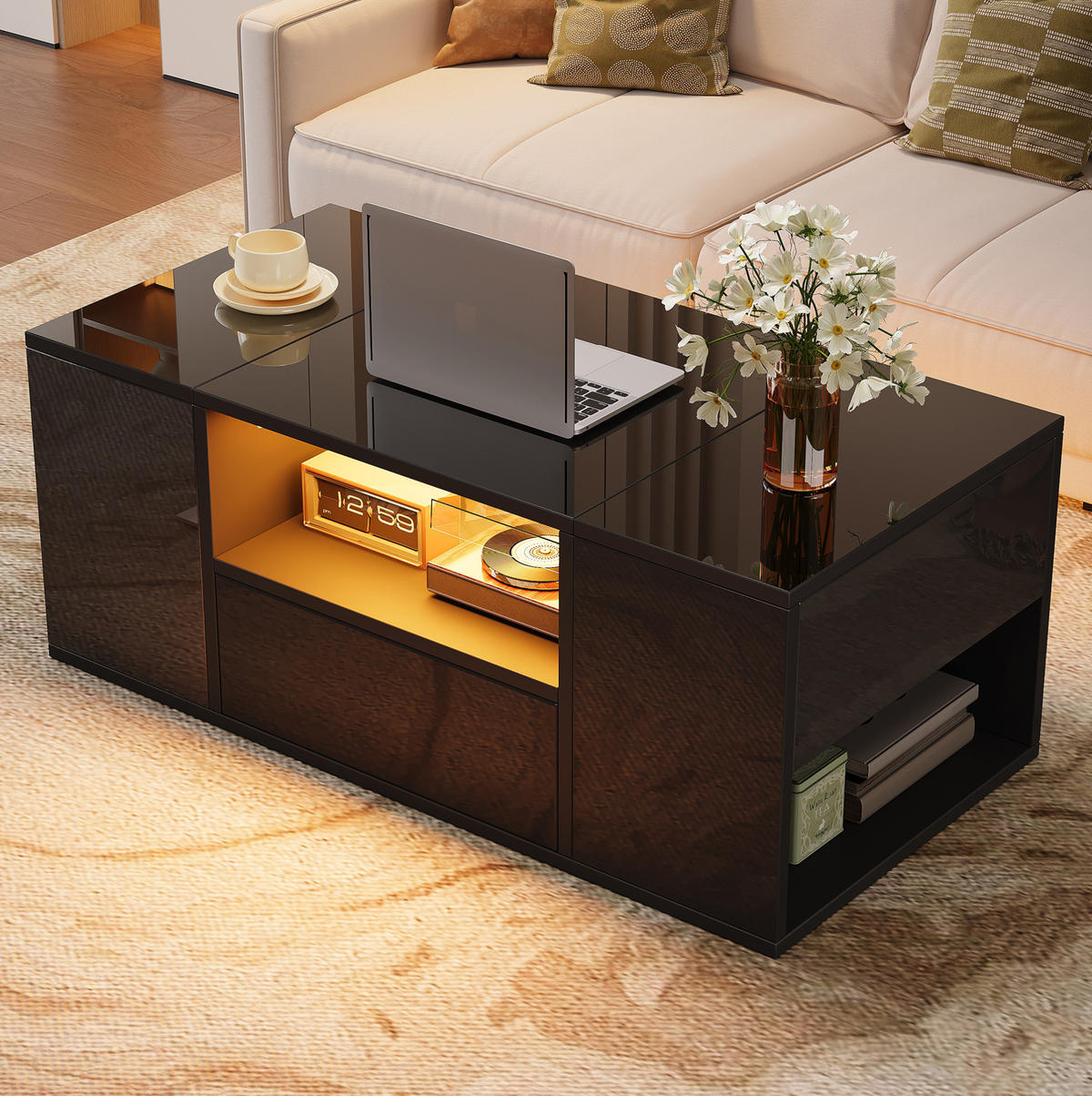 COUCHTISCH 100/50/40 cm mit LED-Beleuchtung, Schublade und 6 Staufächern aus Spanplatte, Schwarz - Schwarz, Holzwerkstoff (100/50/40cm) - Redom