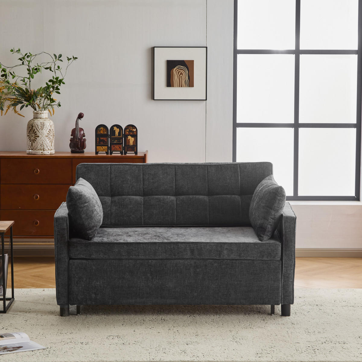 SCHLAFSOFA Chenille mit Ausziehfunktion und 2 Kissen Antikschwarz 142/79/85 cm - Schwarz, Textil (79/85/142cm) - Redom