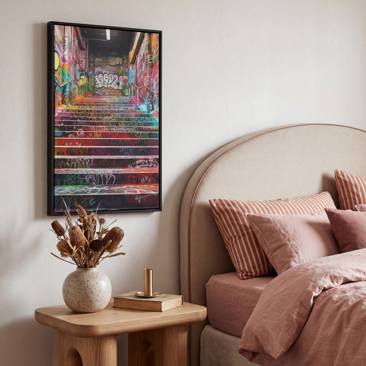 LEINWAND Bilder mit Rahmen - Treppe - Graffiti - Farben - Kunst - 40x60 - Multicolor, Textil (40/60cm) - MuchoWow