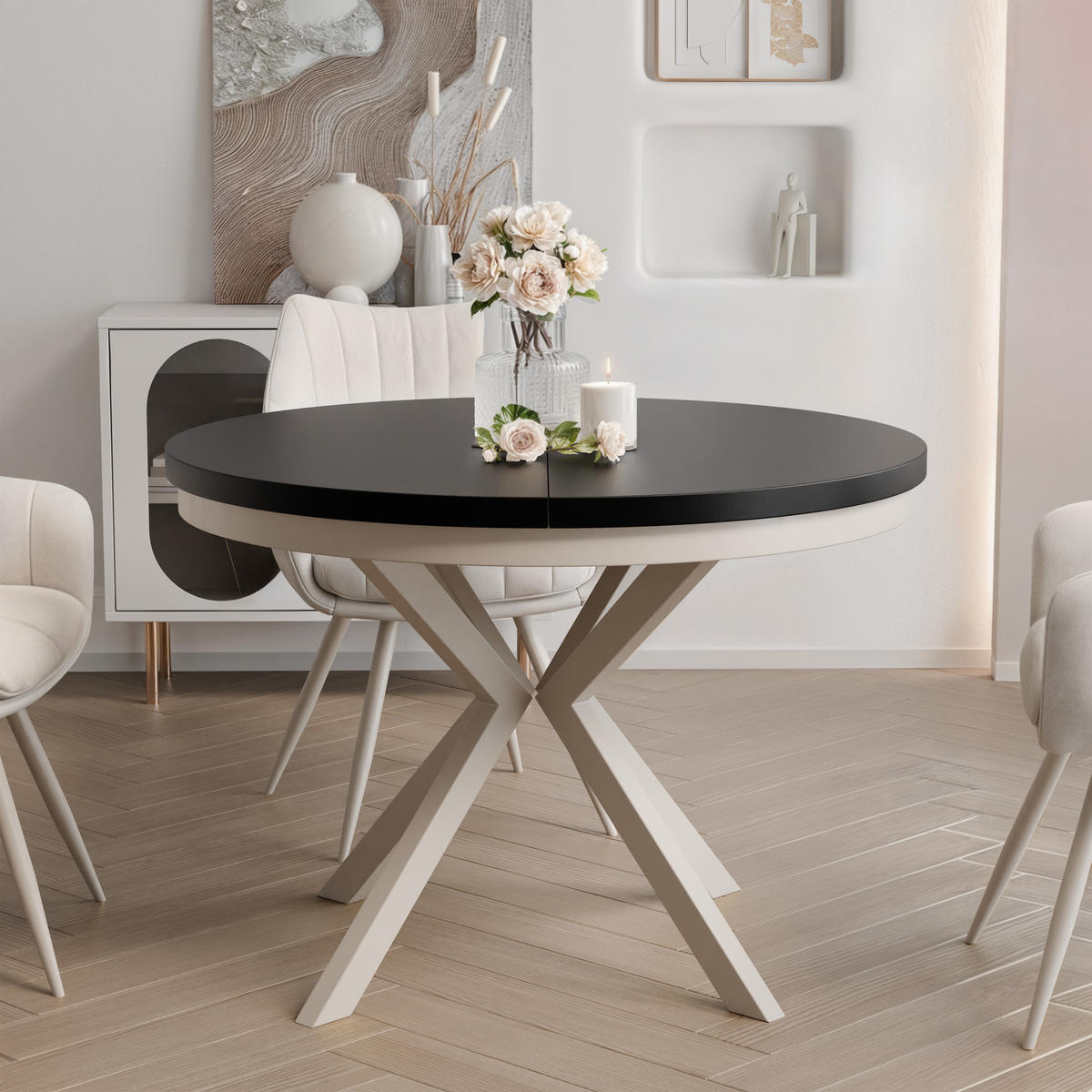 AUSZIEHTISCH MILTON 90-166/76 cm mit Metallgestell, Kaschmir / Schwarz Molet - Kaschmir/Schwarz, Holzwerkstoff/Metall (90/90/76cm) - Idohome