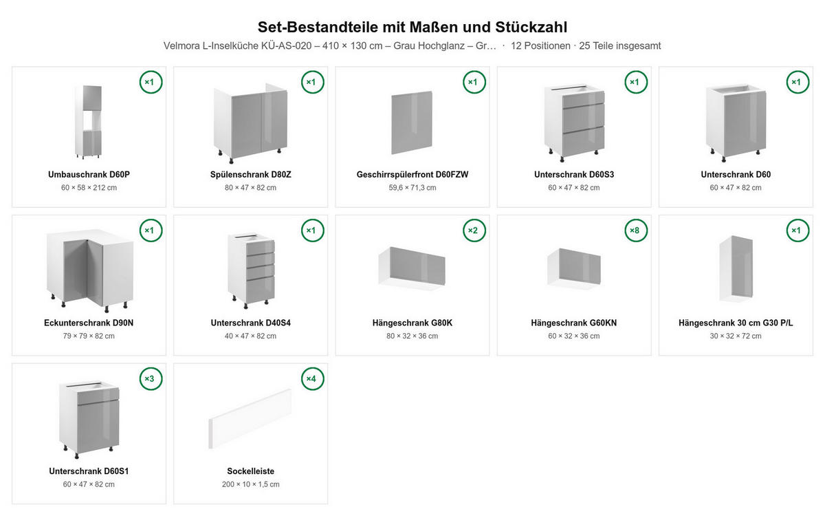 L-KÜCHE mit Insel Velmora Grau Hochglanz – 410 × 130 cm + Insel 180 cm – KÜ-AS-020 – Grau - Grau, Holzwerkstoff (410/212/58cm) - ROYAL24_MARKT