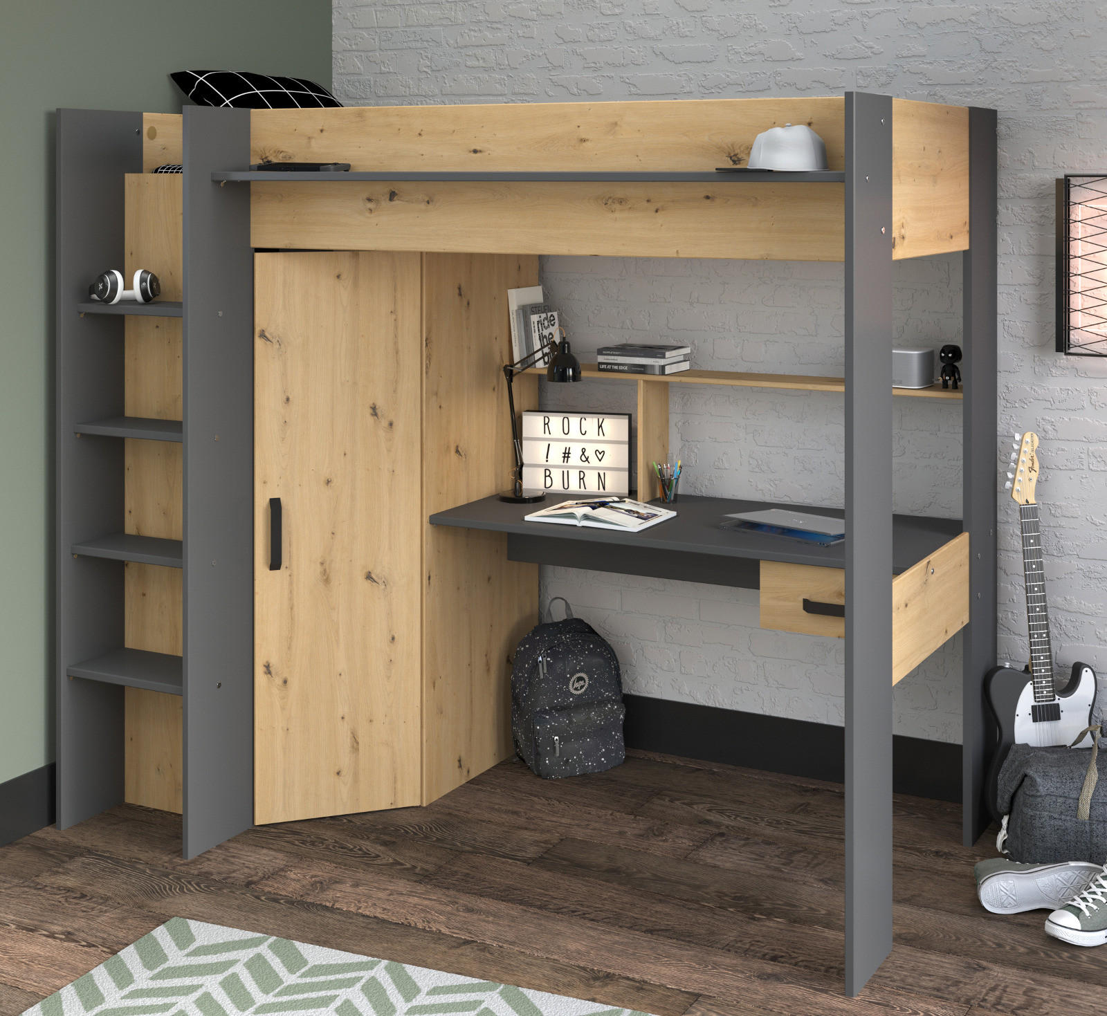 HOCHBETT mit Schreibtisch und Kleiderschrank Bett 90 x 200 cm - Eichefarben/Dunkelgrau, Holzwerkstoff/Kunststoff (90/200cm) - Parisot Meuble