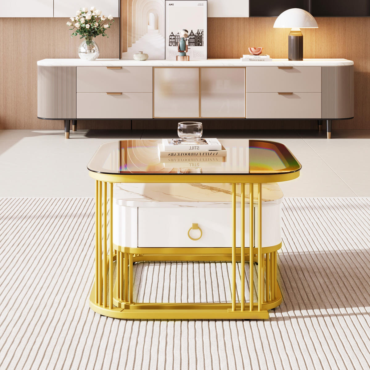 COUCHTISCH-SET, MDF Hochglanz-Marmoroptik, Goldakzente, mit Schublade, 60/60/42,5 + 50/50/34 cm, Weiß und Gold und Teebraun - Braun, Holzwerkstoff (60/60/42.5cm) - Redom