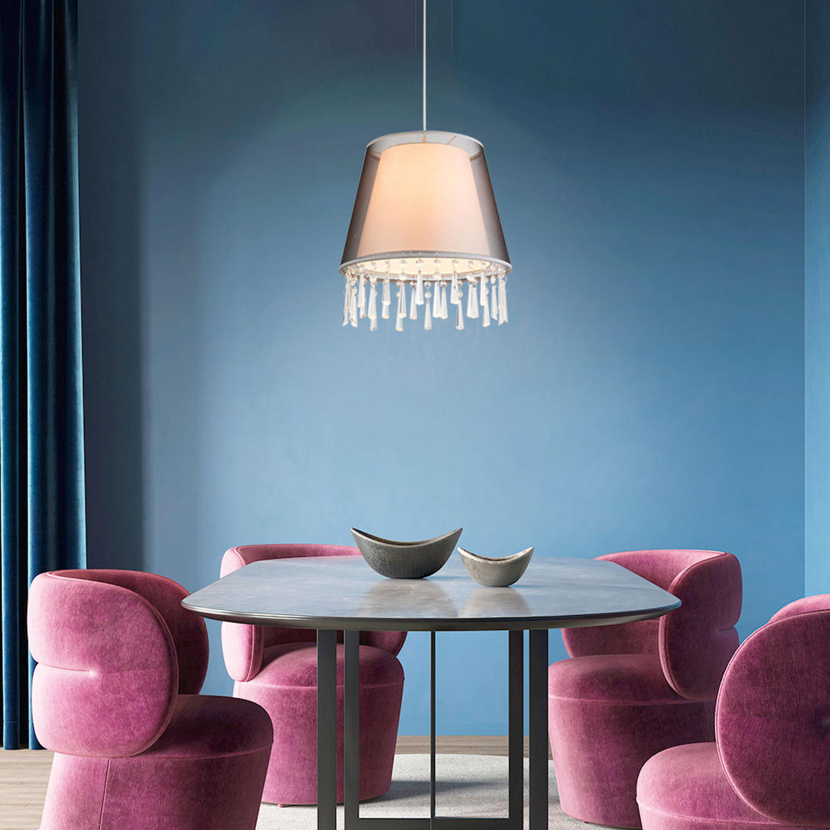 HÄNGELEUCHTE SATINE Grau Textilschirm - Grau, Metall (34/34/140cm) - Globo Lighting