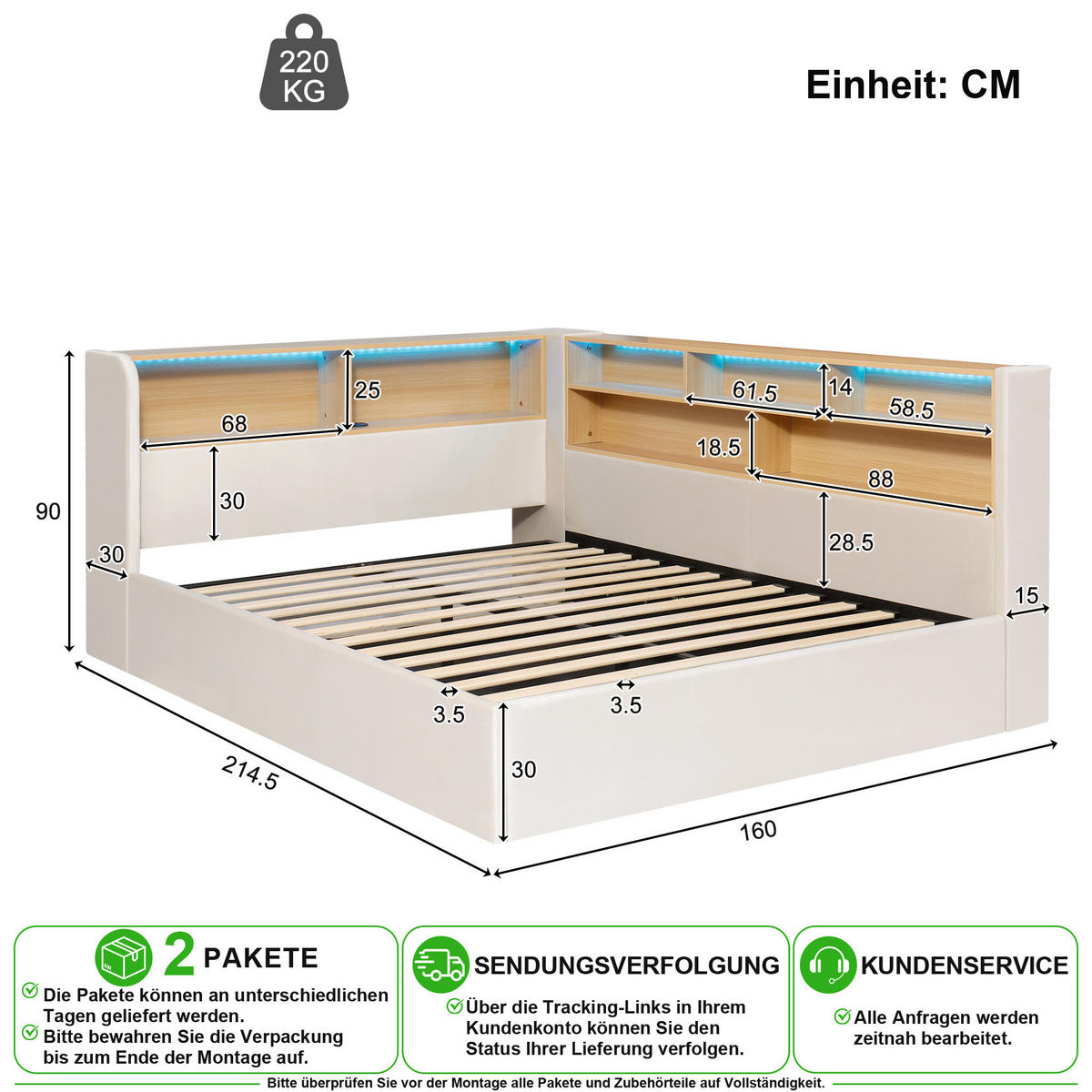 ČALOUNĚNÁ POSTEL 140/190 cm v béžové barvě s úložným prostorem, LED a USB-C - béžová, kov/kompozitní dřevo (140/190cm) - CHICFURN