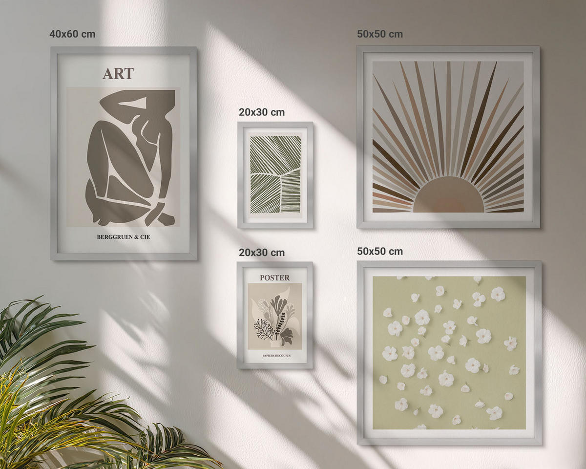 WANDBILDER 5er Set - 50x50 cm & 20x30 cm & 40x60 cm Silberner Rahmen - Pflanzenmotive in gedeckten Farben - Silberfarben, Kunststoff (40/60cm) - ArtPrintCave