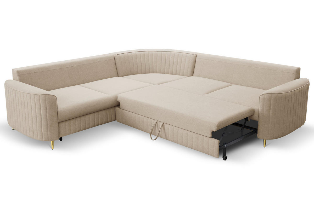 ECKSOFA VELA R-S Beige Velours-Stoff mit Schlaffunktion - Beige, Holz (251/251cm) - MASSENO