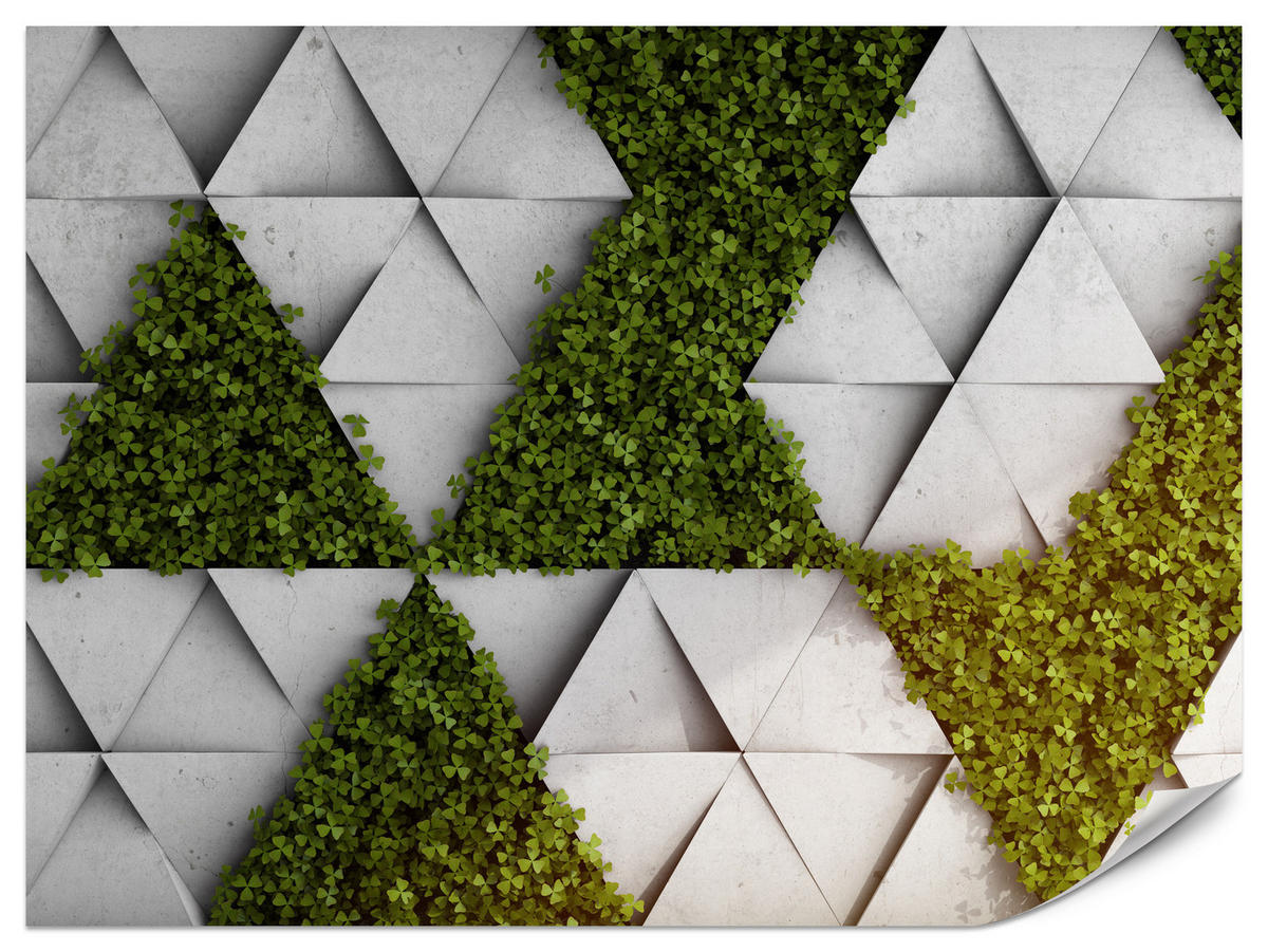 FOTOTAPETE für Wohnzimmer Klee Beton Dreiecke Abstraktion Modern 450x315 - Grau/Grün, Papier (450/315cm) - Muralo