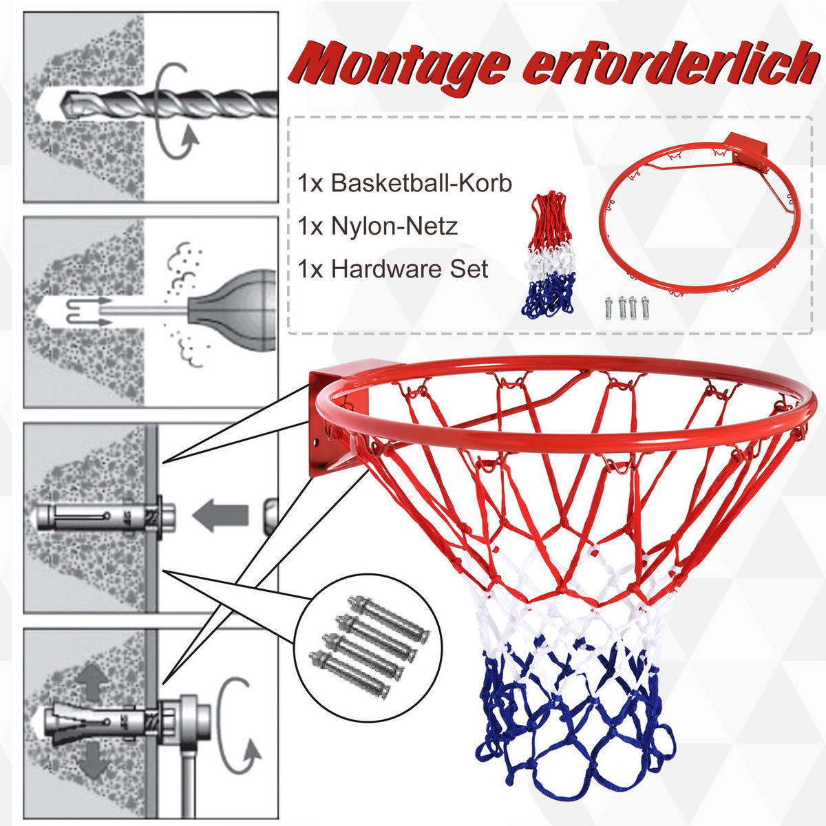 BASKETBALLNETZ, Stahlrohr, Rot / Blau / Weiß, ø46 x H1,6 cm - Rot, Metall (1.6/45cm) - HOMCOM
