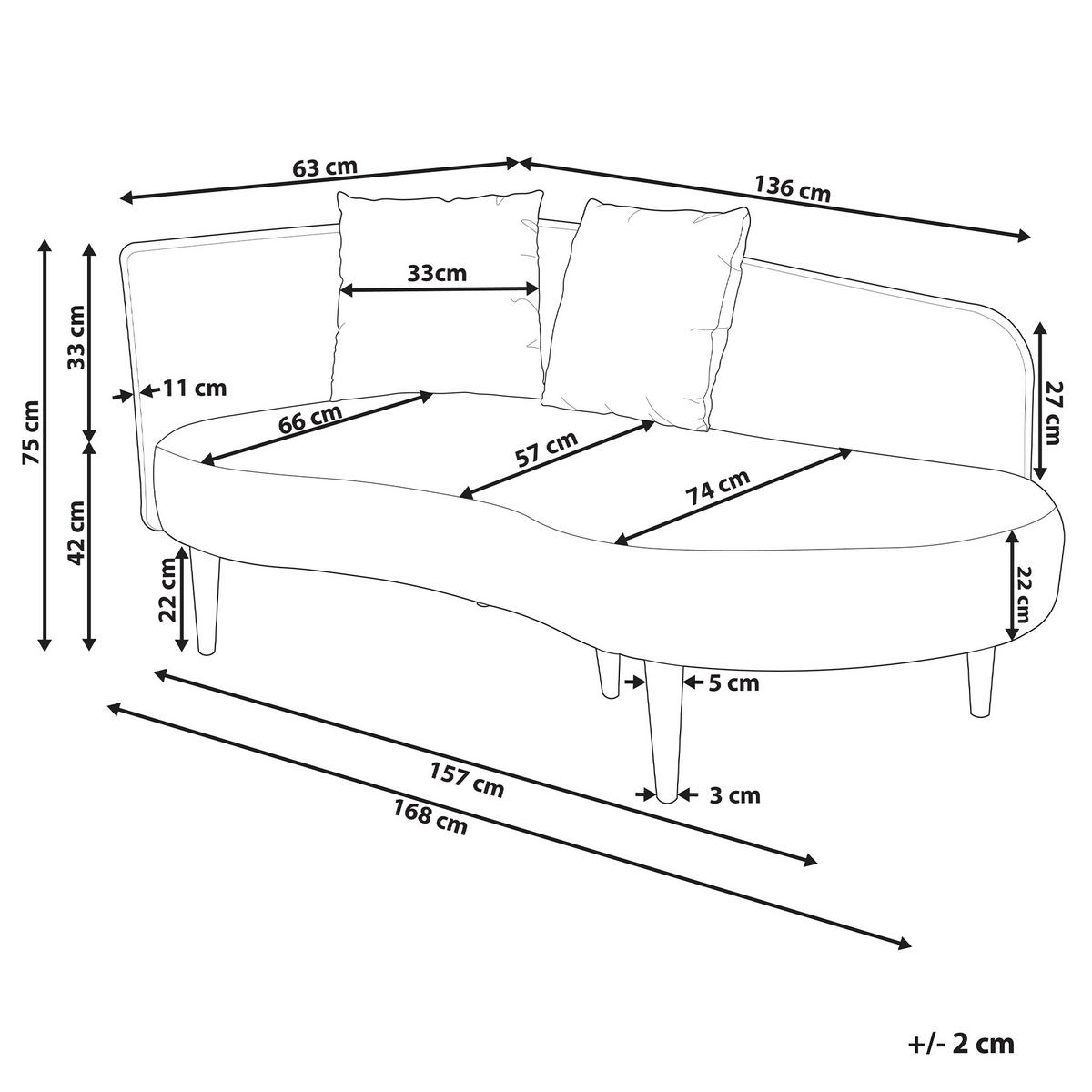 CHAISELONGUE Samtstoff hellgrau linksseitig Chaumont - Dunkelbraun/Grau, Textil (168/75/74cm) - Beliani