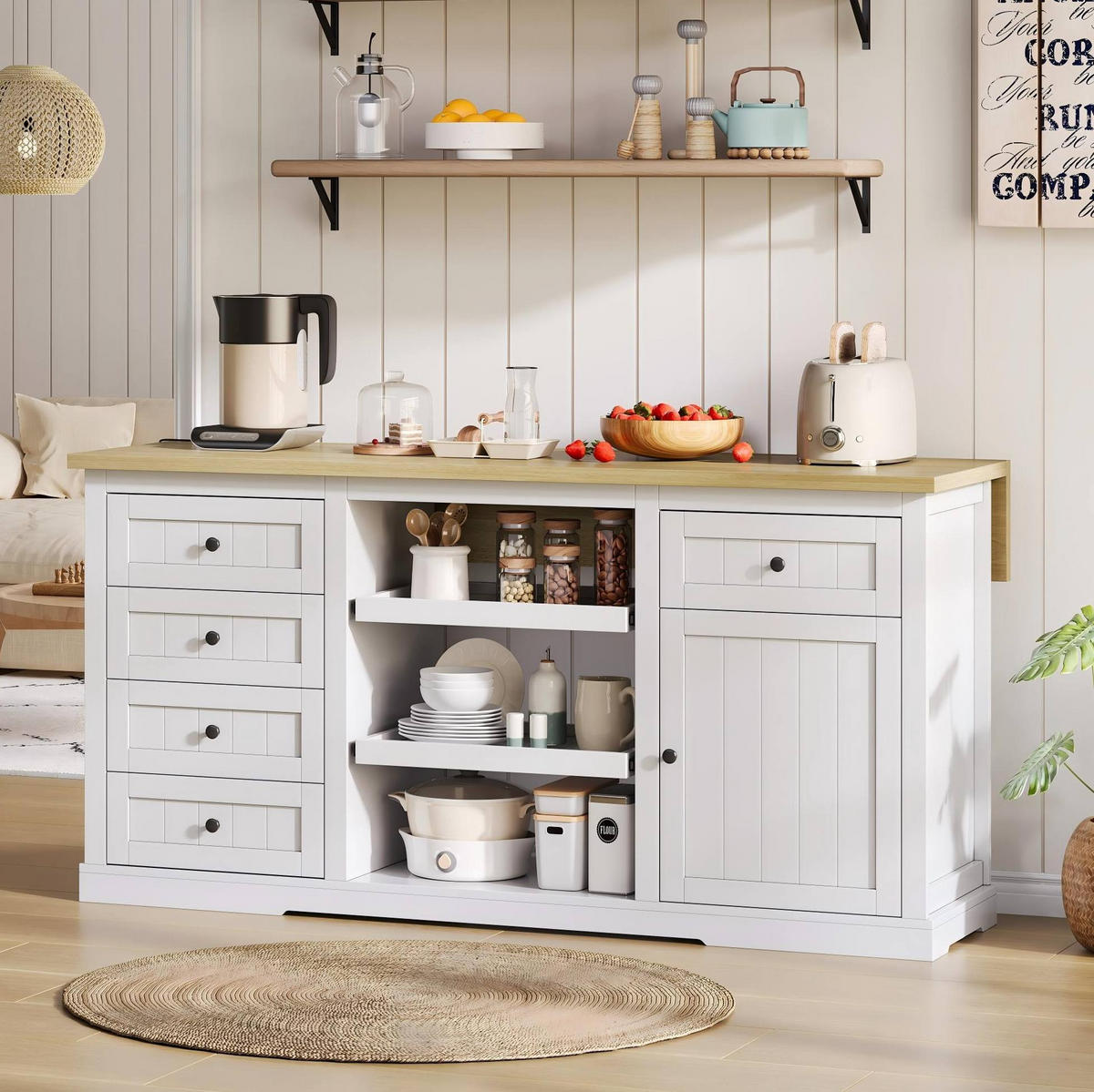 BUFFET 150/75,5/65 cm Natur/Weiß aus MDF mit klappbarer Erweiterungsplatte - Naturfarben, Holzwerkstoff (65/75.5/150cm) - OKMYHOME