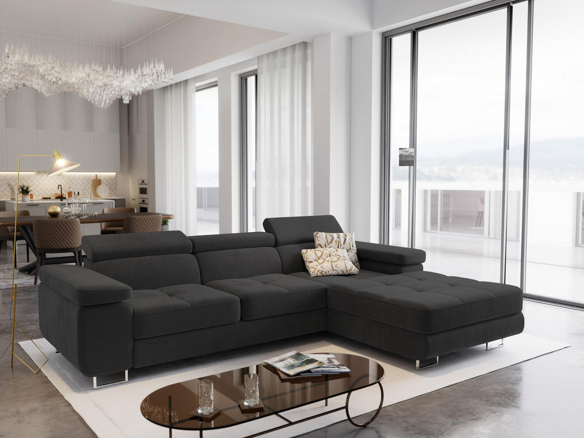 ECKSOFA ELMA R-S Schwarz Velours-Stoff mit Schlaffunktion - Schwarz, Holz (280/205cm) - MASSENO