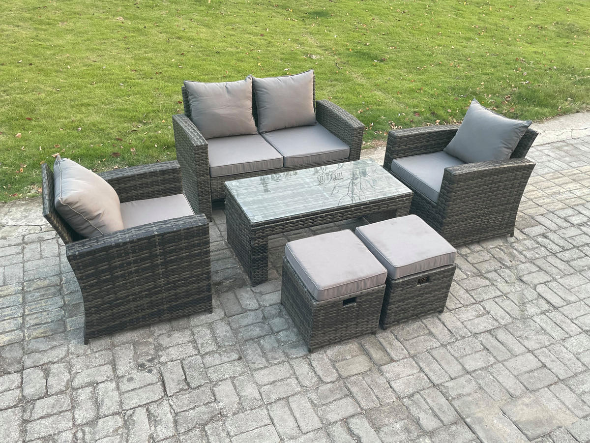 GARTENGARNITUR Polyrattan Dunkelgrau 6-Sitzer - Dunkelgrau, Metall - Fimous