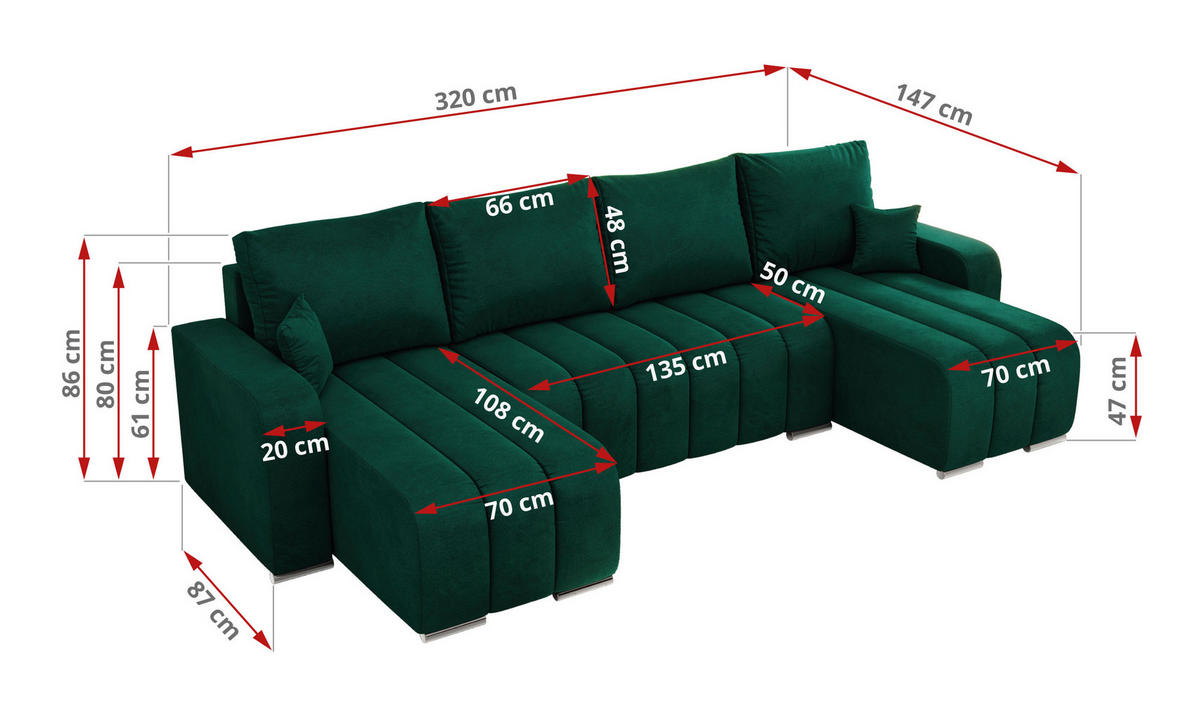 WOHNLANDSCHAFT KIRASSO U Dunkelgrün Velvet - Dunkelgrün/Grau, Textil/Metall (320/86/147cm) - MKS